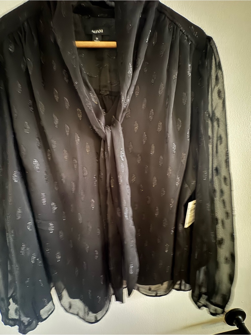 Alfani Shimmer Detail Black Tie Neck Blouse